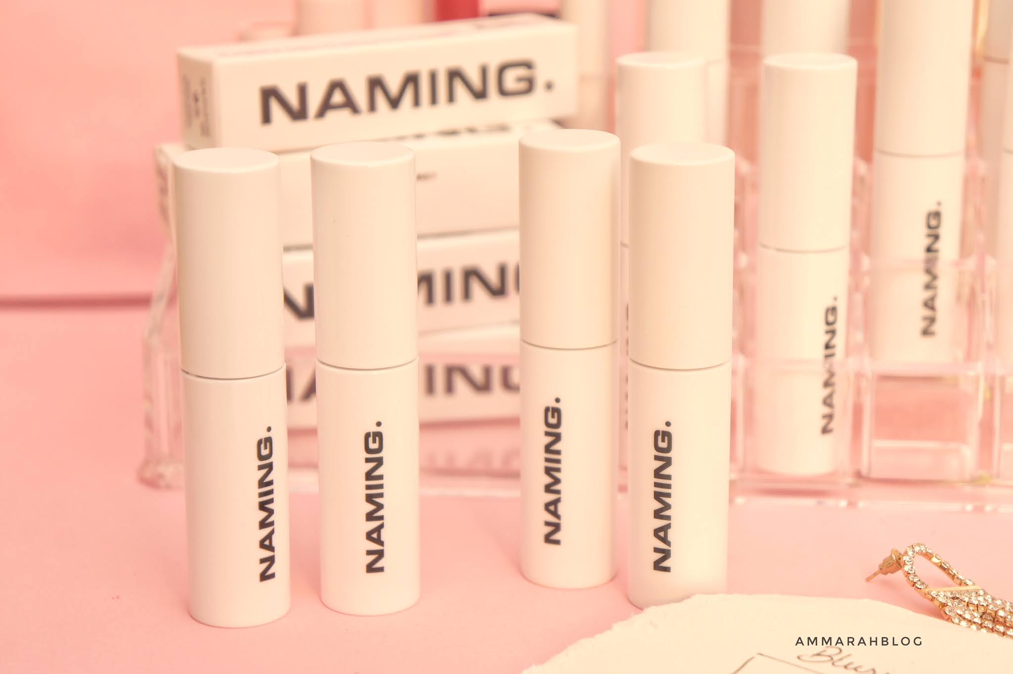 Decoding the Art of Naming: Unveiling the Korean Skincare Sensation, NAMING products in pastel pink background.