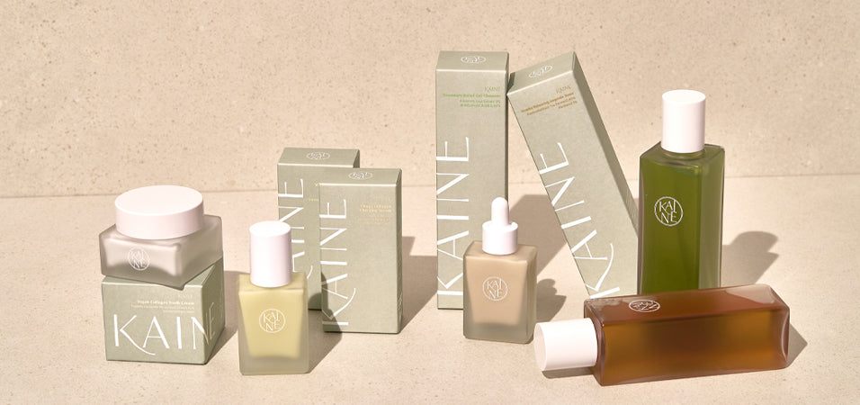KAINE skincare products showcasing "The Power of Simplicity: KAINE’s Approach to Skincare" collection on a neutral background.