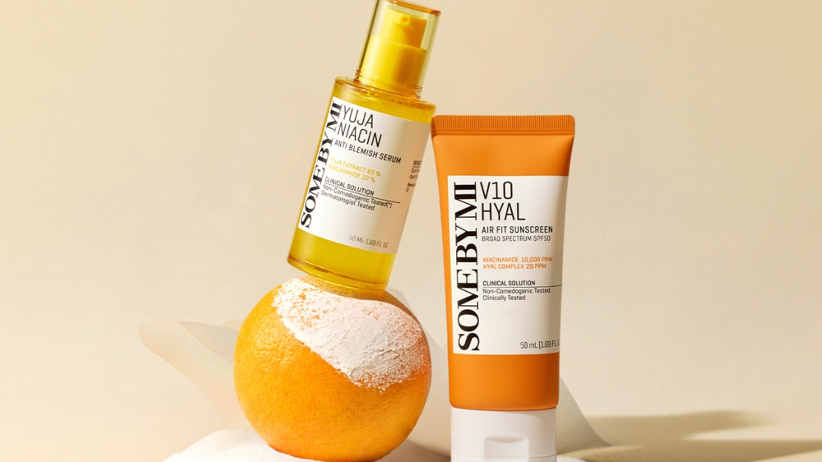 SOME BY MI skincare products with vitamin serum and sunscreen showcasing natural ingredients for healthy skin