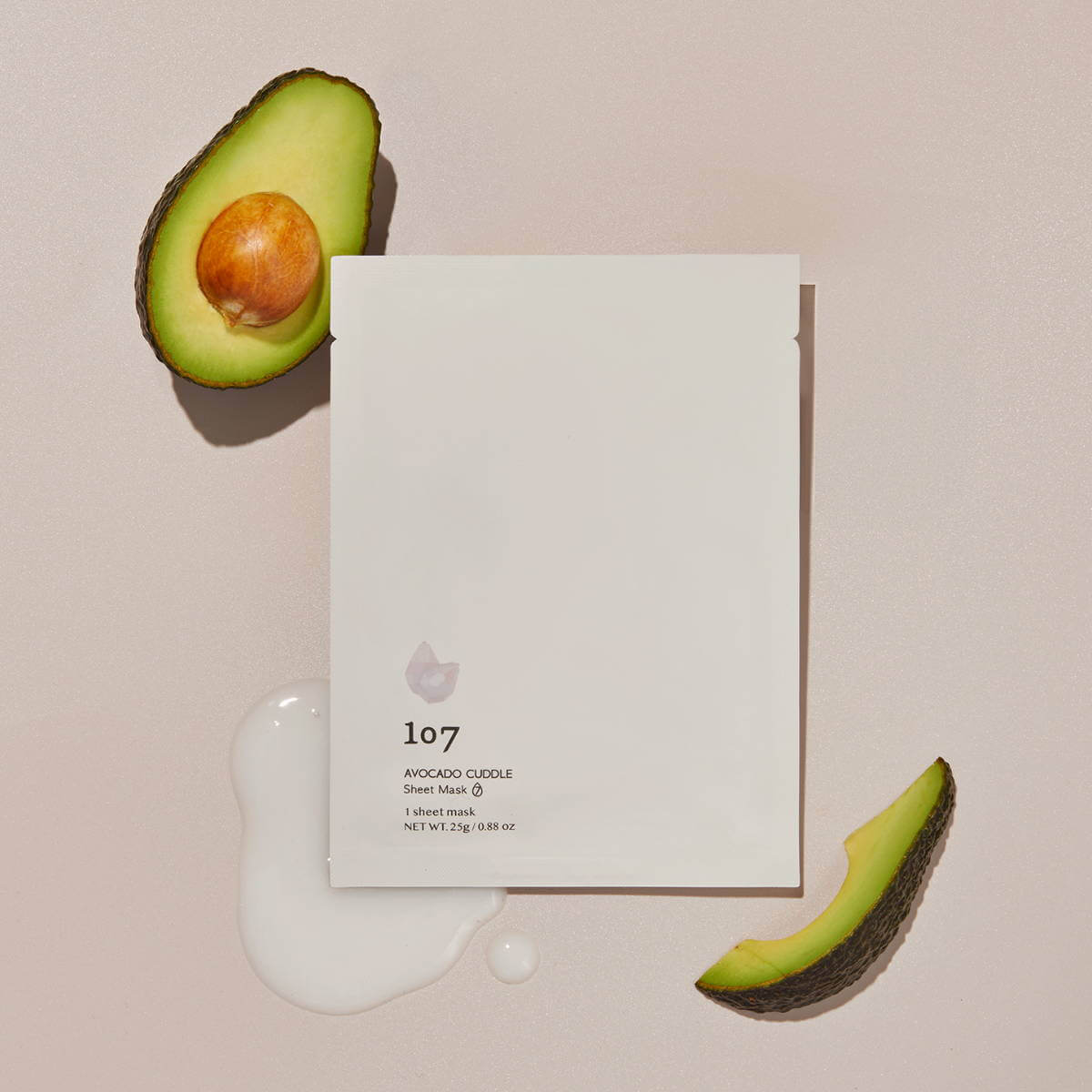 107 Avocado Curd Sheets Mask 5 Pieces displayed with avocado and lotion spill.