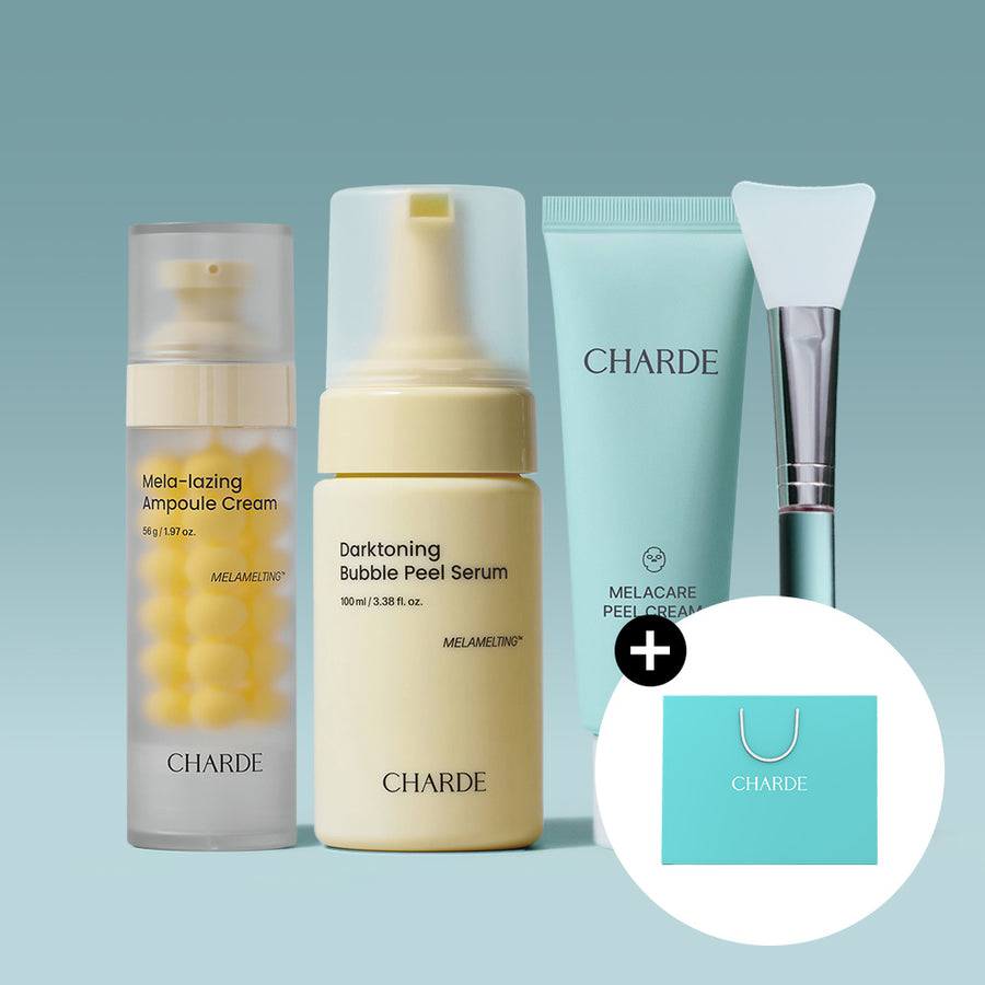 CHARDE Mela-lazing Ampoule Cream, Darktoning Bubble Peel Serum & Melacare Peel Cream Mask & Brush Set
