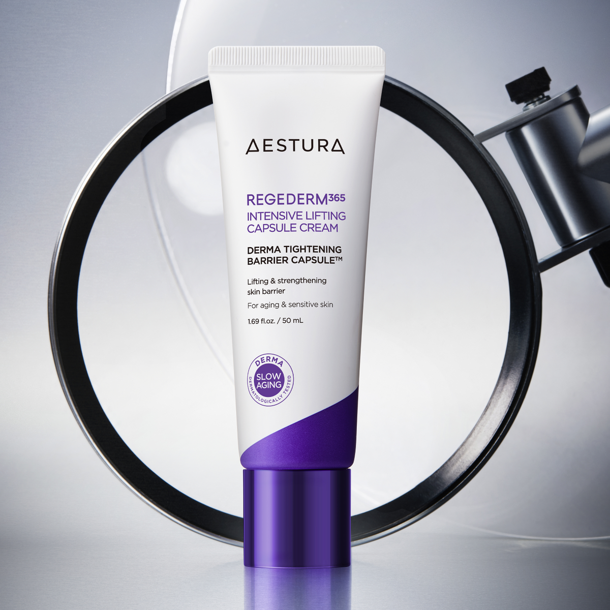 AESTURA Rizederm365 Intensive Lifting Capsule Cream 50ml on display with magnifying background, showcasing skincare product packaging.