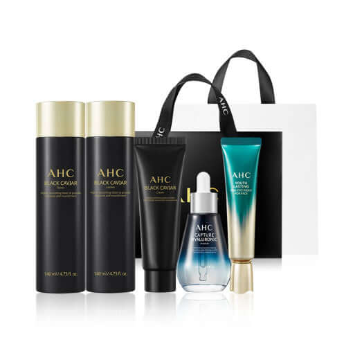 AHC Black Caviar Youth Ritual Set (Lotion 140ml, Toner 140ml, Cream 50g, Ampoule 50ml & Eyecream 30ml) with packaging