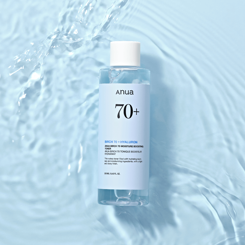 ANUA Birch 70 + Hyaluron Moisture Boosting Toner 250ml bottle on a water ripple background