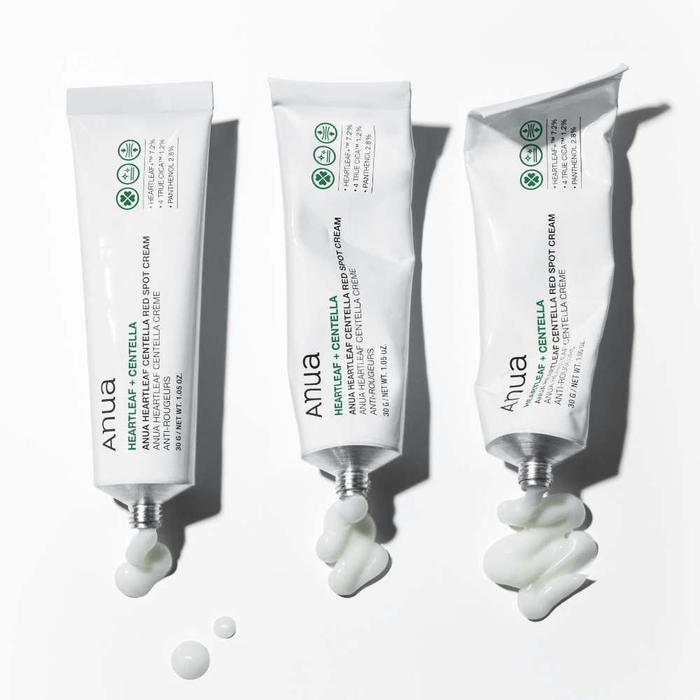 Tubes of ANUA Centella Red Spot Cream with Asungcho displayed with cream swatches