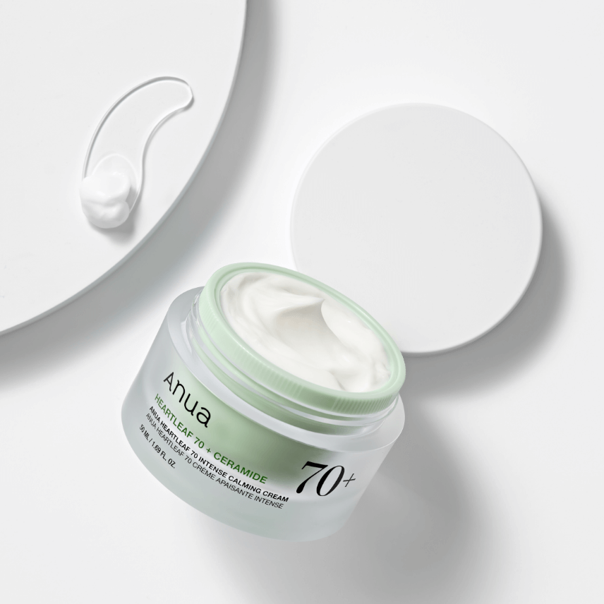 ANUA Heartleaf 70 + Ceramide Intense Calming Cream 50ml jar open with cream texture visible on lid