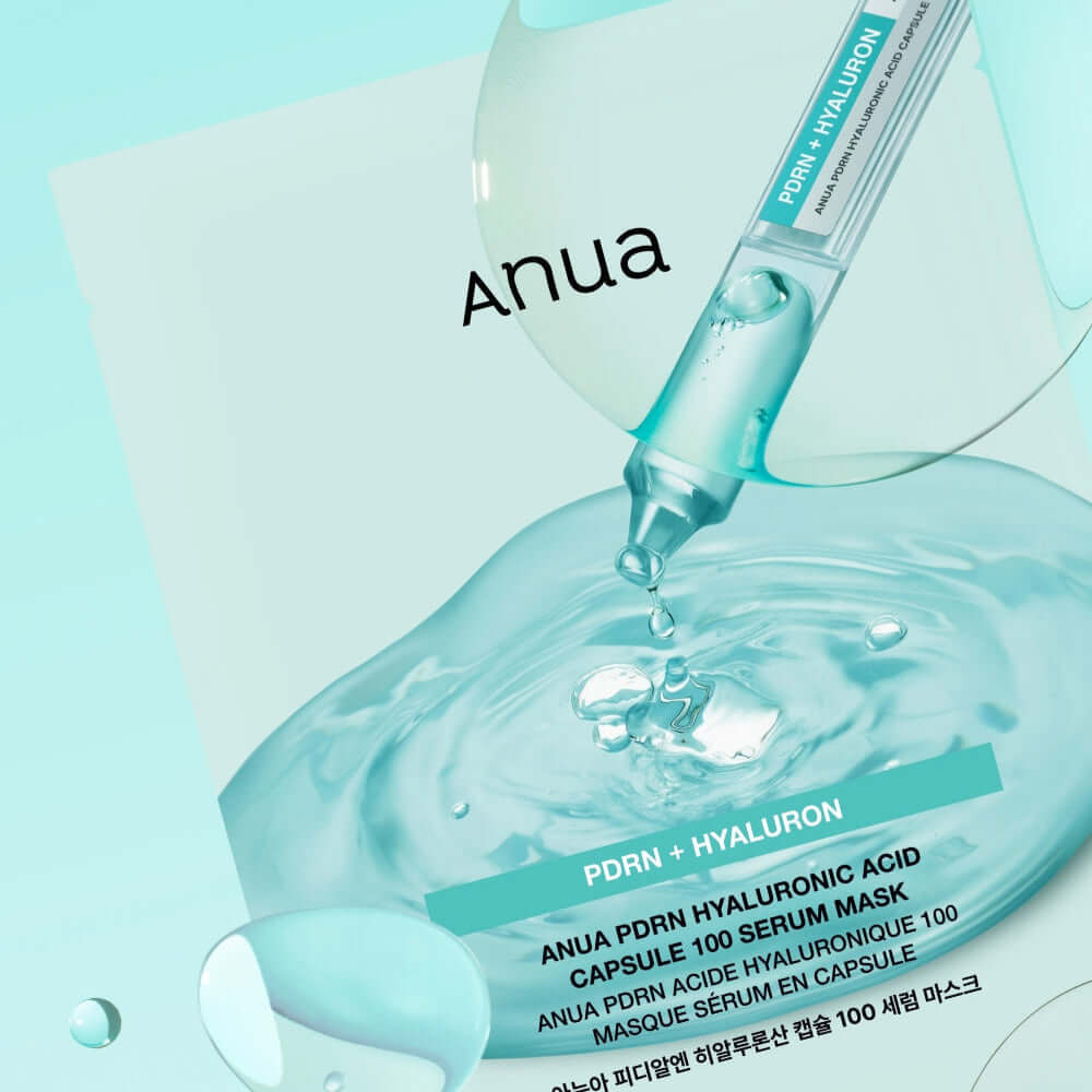 ANUA PDRN Hyaluronic Acid Capsule 100 Serum Mask with dropper and liquid on a blue background.