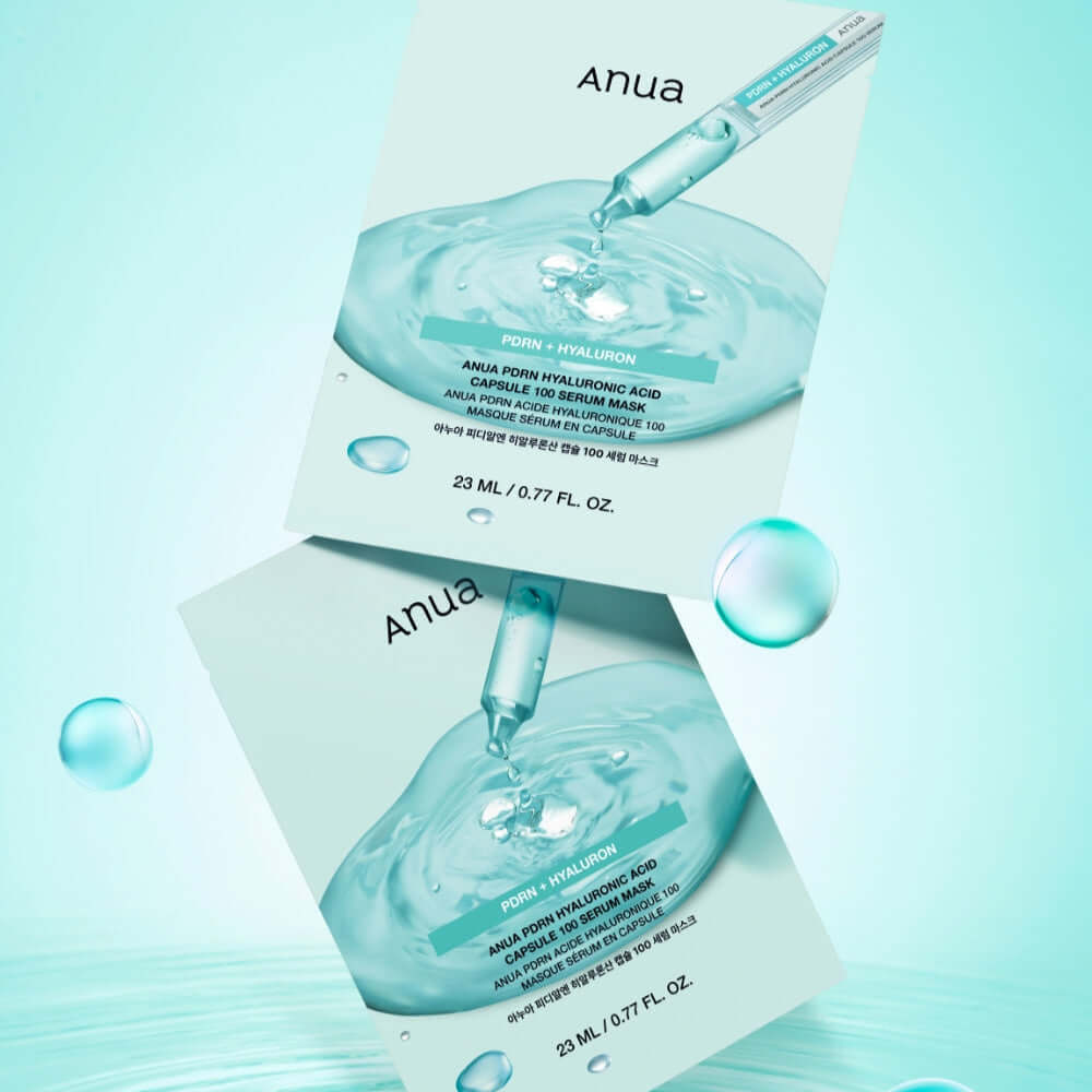 ANUA PDRN Hyaluronic Acid Capsule 100 Serum Mask packaging with hyaluronic acid capsules displayed on aqua-themed background.