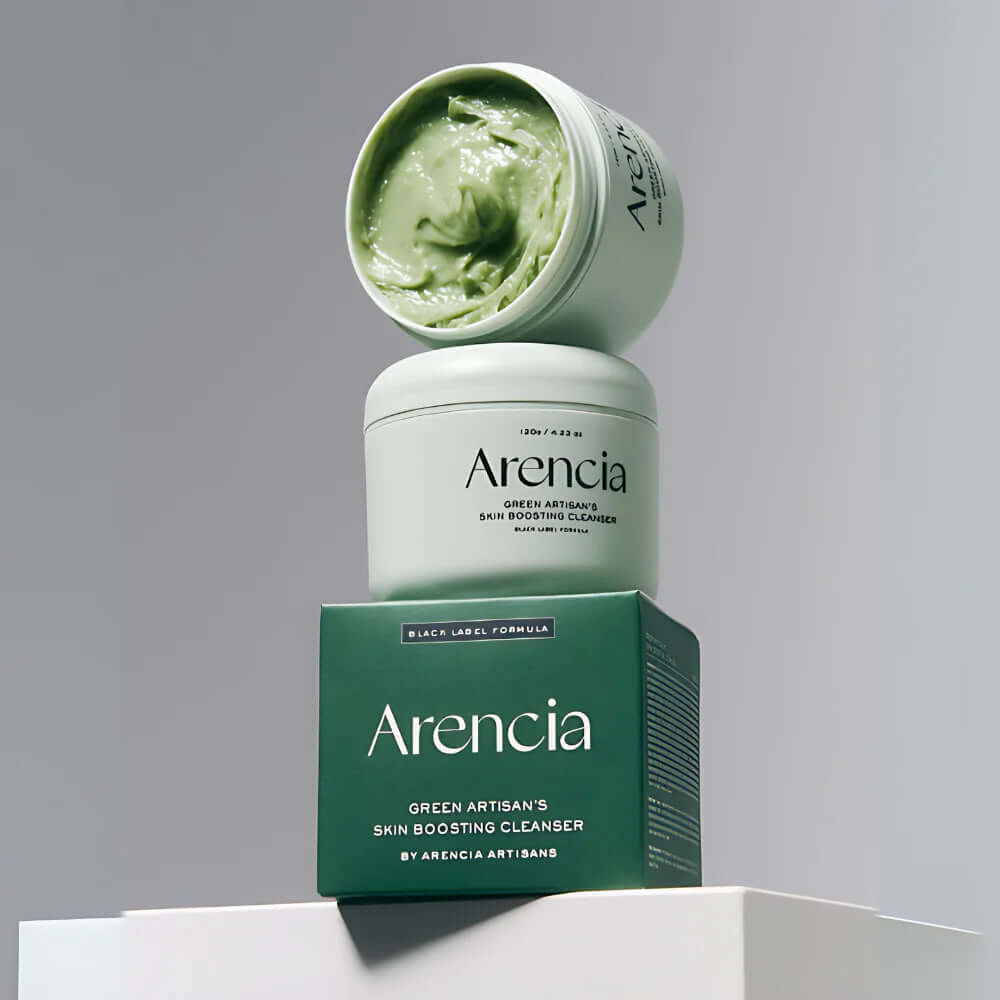 ARENCIA Green Artisan Skin Boosting Cleanser 120g displayed with packaging and open jar showing product texture.
