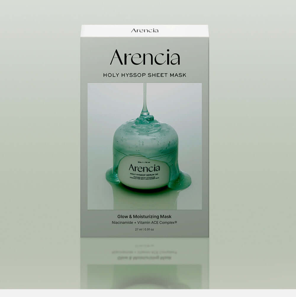 ARENCIA Holy Hyssop Mask Pack (5 piece) box, glow and moisturizing face mask with hyssop and vitamin complex.
