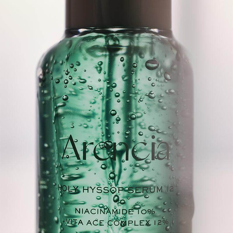 ARENCIA Holy Hyssop Serum 12 30ml in glass bottle, highlighting niacinamide and vita ace complex, skincare product.