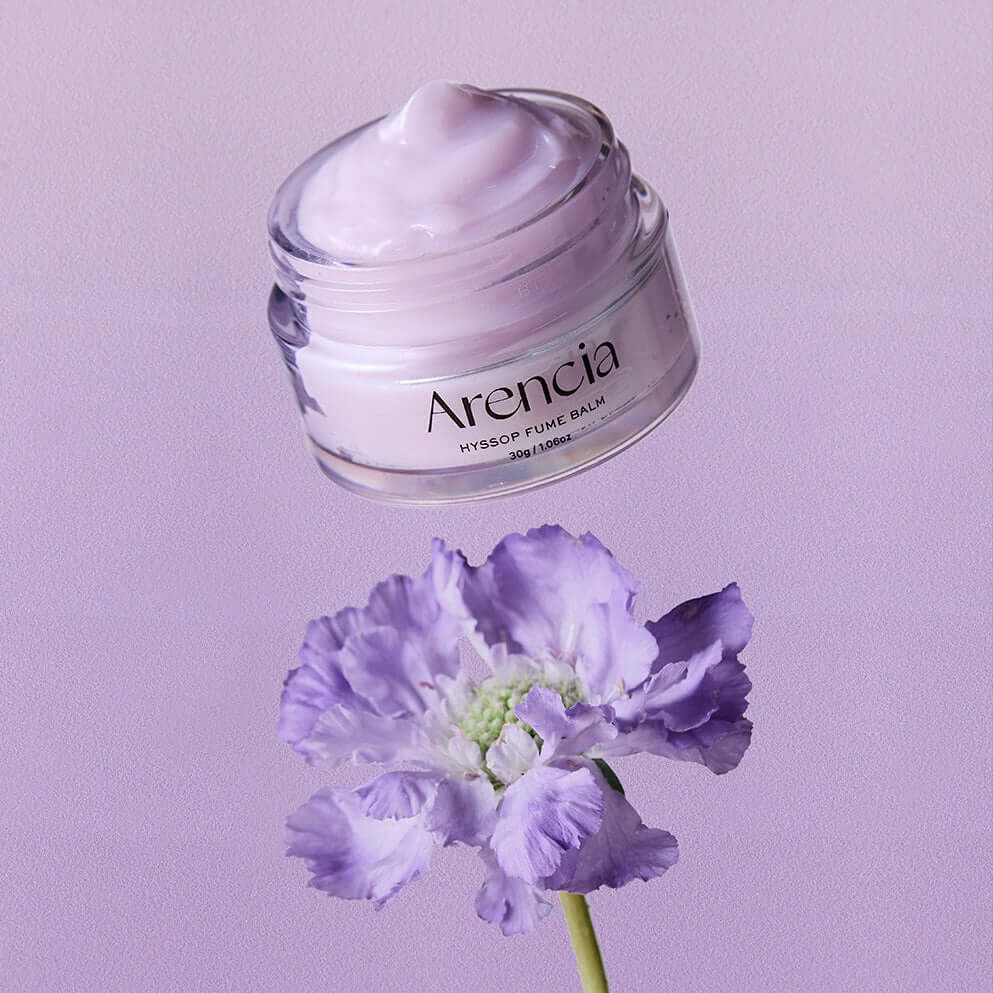 ARENCIA Hyssop Fume Balm 30g jar with purple flower on a lavender background