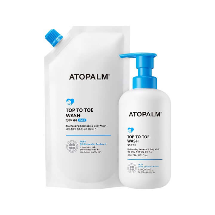 ATOPALM Atopalm Top to Toe Wash 460ml + Refill 400ml Set featuring moisturizing shampoo and body wash.