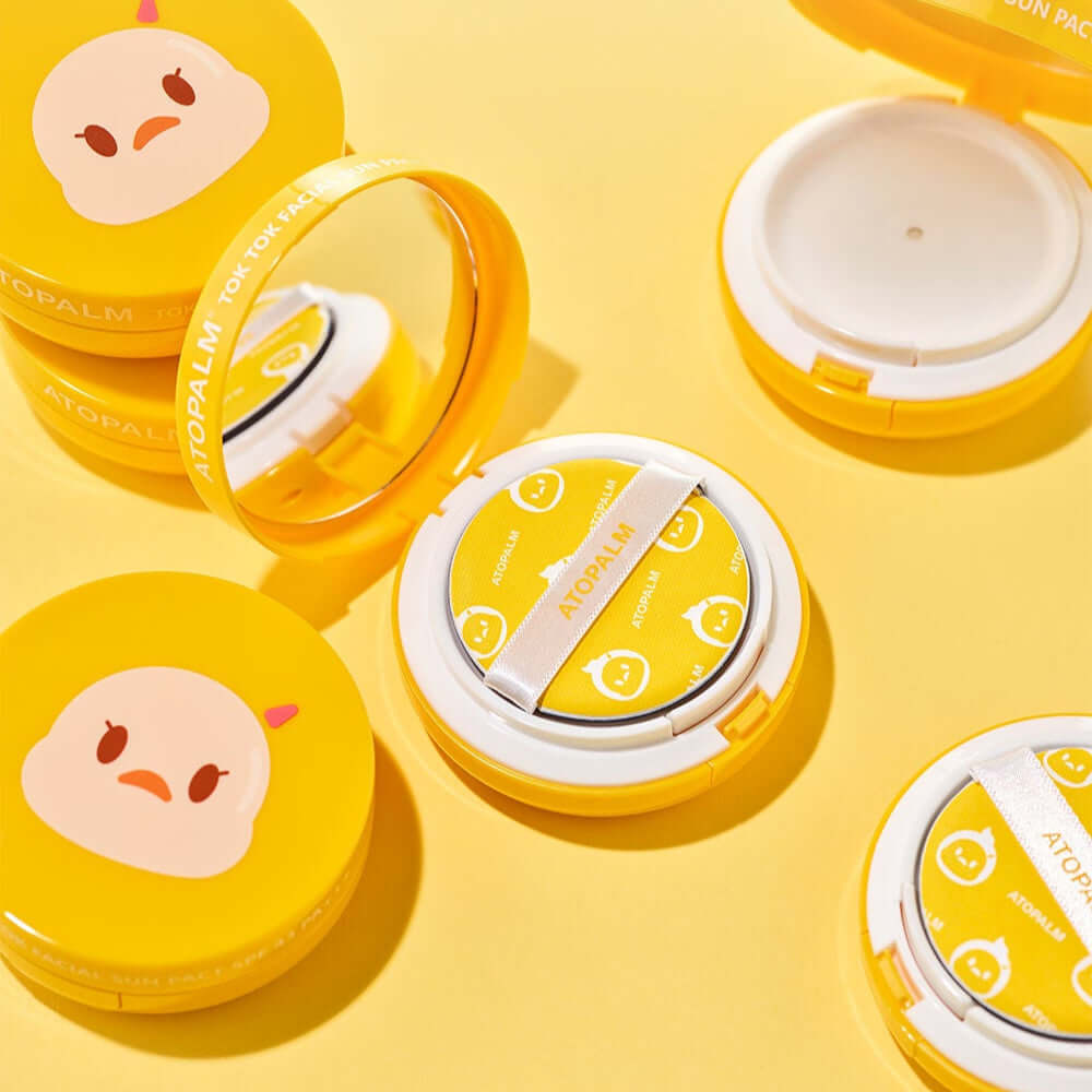 ATOPALM Toktok Facial Sun Pact SPF43 PA+++ 15g Main Product & 15g Refill Set in bright yellow packaging on display