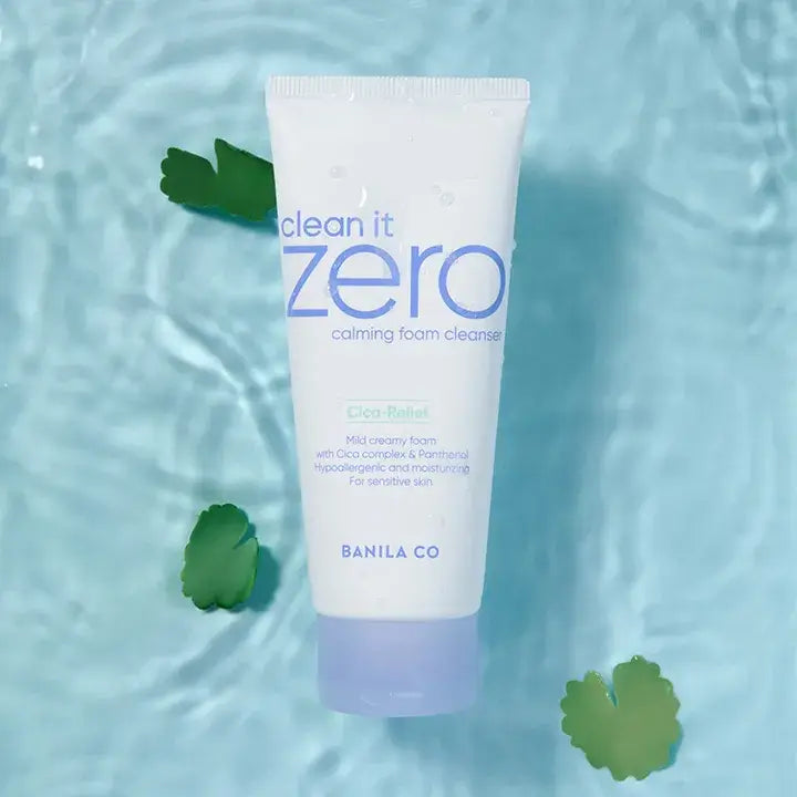 Image of BANILA CO Clean It Zero Calming Foam Cleanser 150ml with tube on watery background, designed for soothing sensitive skin.