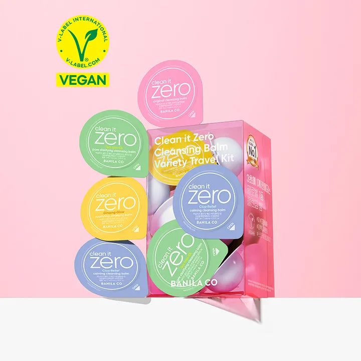 BANILA CO Clean It Zero Cleansing Balm Variety Travel Kit Duo Set with vegan label.
