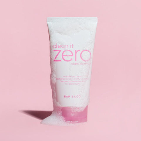 BANILA CO Clean It Zero Foam Cleanser 150ml with bubbles on pink background