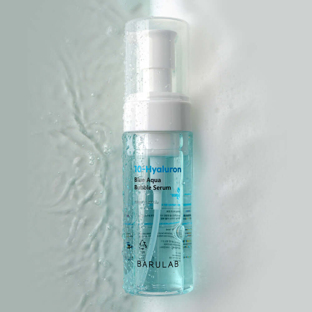 BARULAB 10-Hyaluronic Acid Blue Aqua Bubble Serum glowing bottle on textured surface