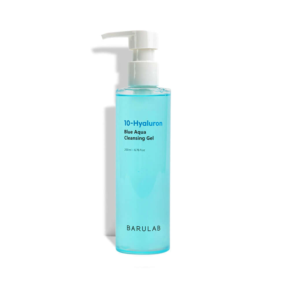 BARULAB 10-Hyaluronic Acid Blue Aqua Cleansing Gel bottle, 200ml, blue liquid face cleanser with pump, skincare product.
