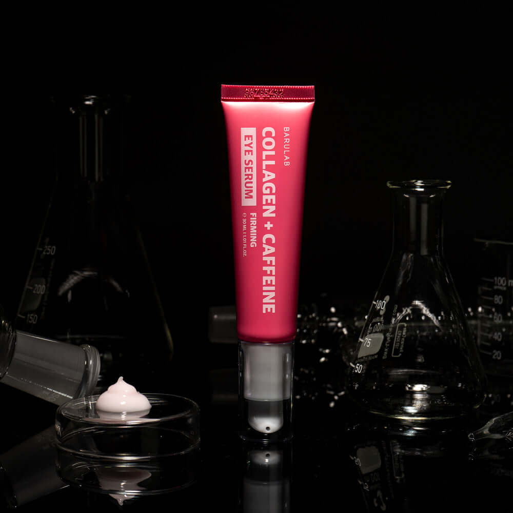 BARULAB Collagen Caffeine Elasticity Eye Serum 30ml on display with scientific glassware in the background.