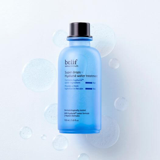 BELIF Super Drops-Hyalucid Water Treatment 150ml bottle with water droplets background, highlighting hydration and freshness.