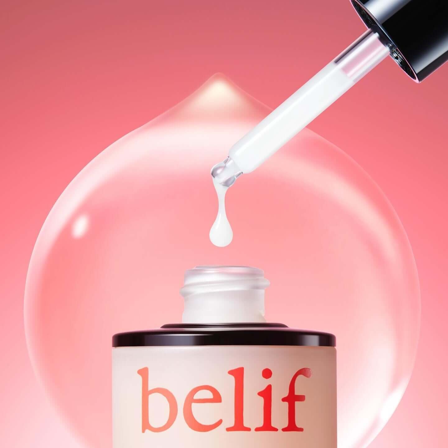 BELIF Super Drops Peptide Firming Serum 30ml with dropper against a pink background