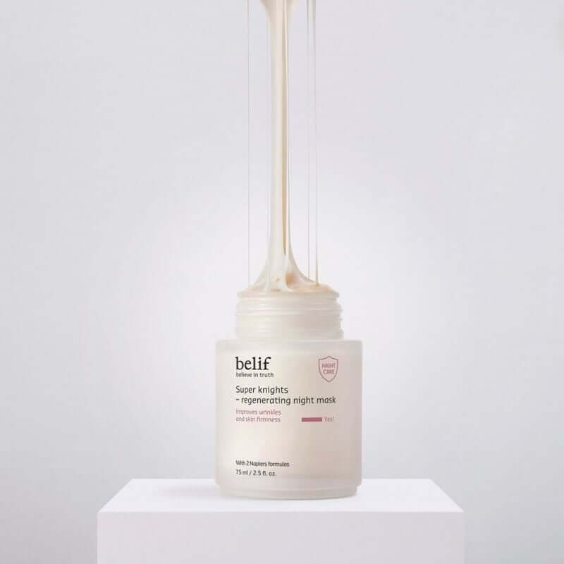 BELIF Super Knight Regenerating Night Mask 75ml in a jar with creamy texture displayed on a pedestal