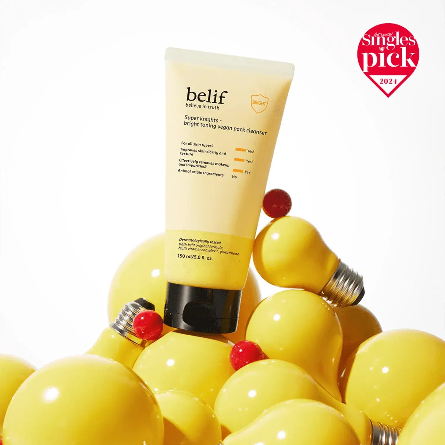 BELIF Super Knights bright Toning Vegan Pack Cleanser 150ml tube on yellow bulb background