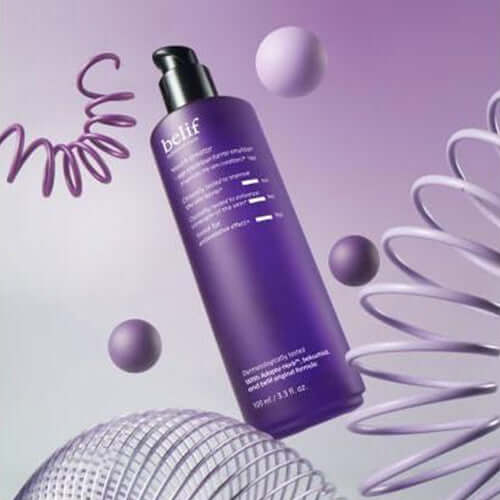 BELIF Youth Creator Age Knockdown Barrirer Emulsion 100ml bottle with purple design and modern elements in the background