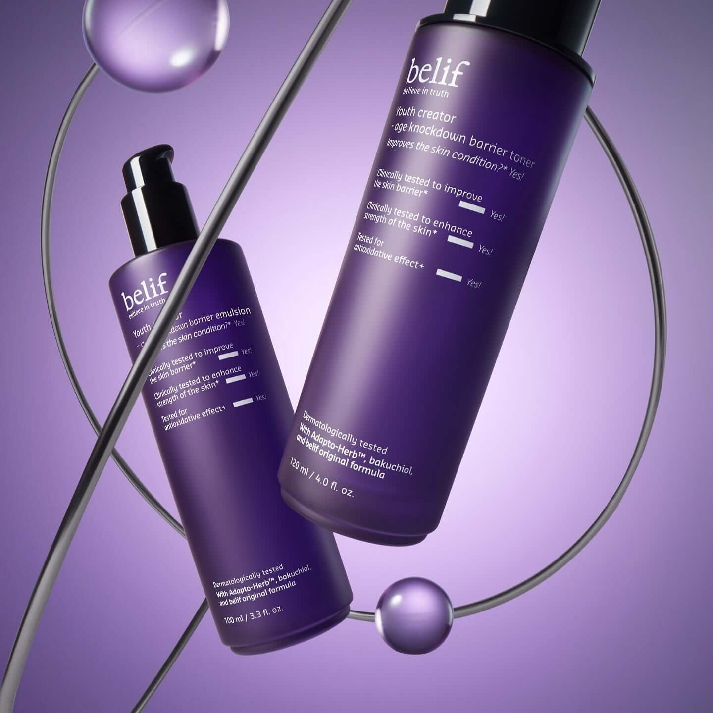 BELIF Youth Creator Age Knockdown Barrirer Emulsion 100ml bottle on purple background with elegant packaging.