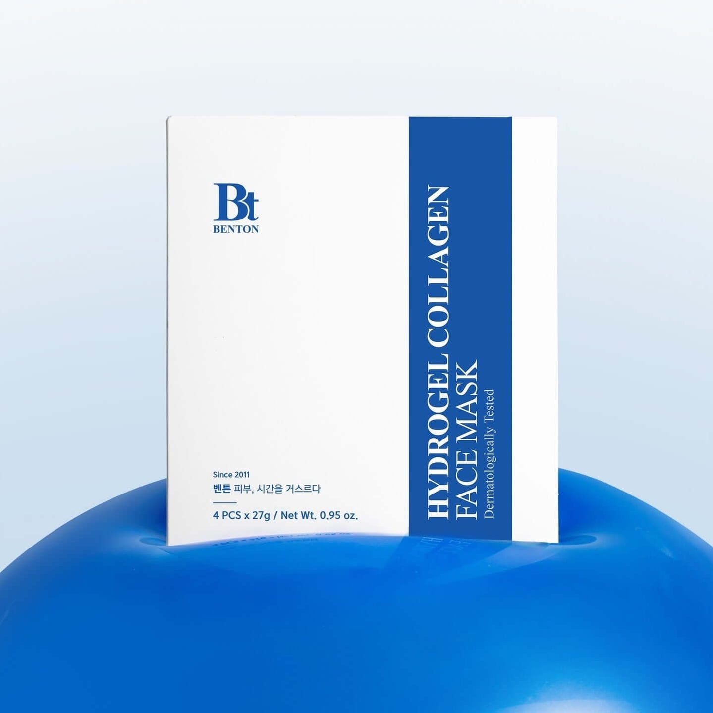 BENTON Hydrogel Collagen Mask Pack 27g x4 packaging on a blue surface