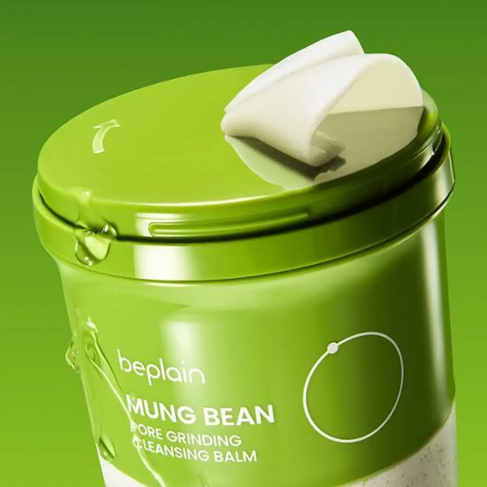 Image of BEPLAIN Green Bean Pore Grinding Cleansing Balm with a green container and white applicator, showcasing product packaging.