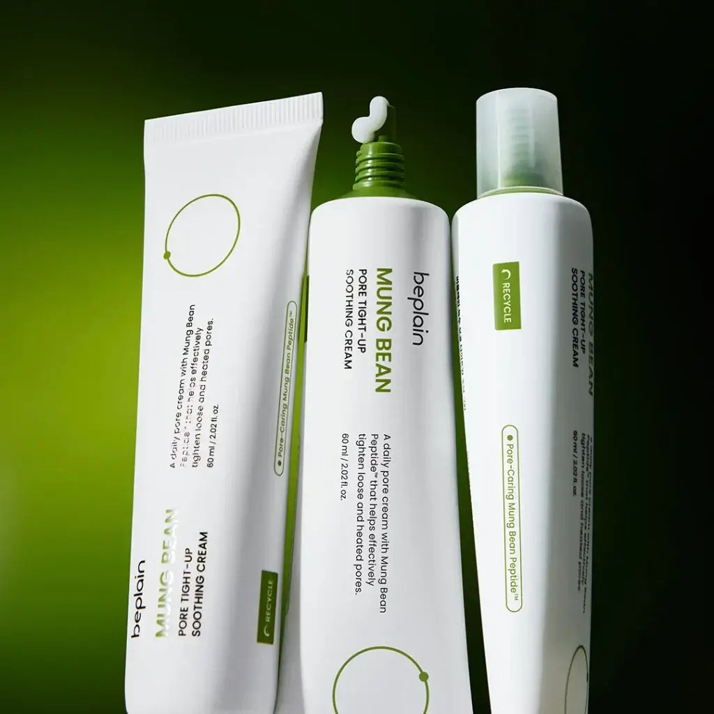 BEPLAIN Green Bean Pore Tightening Cream product packaging in green and white tubes against a green background.