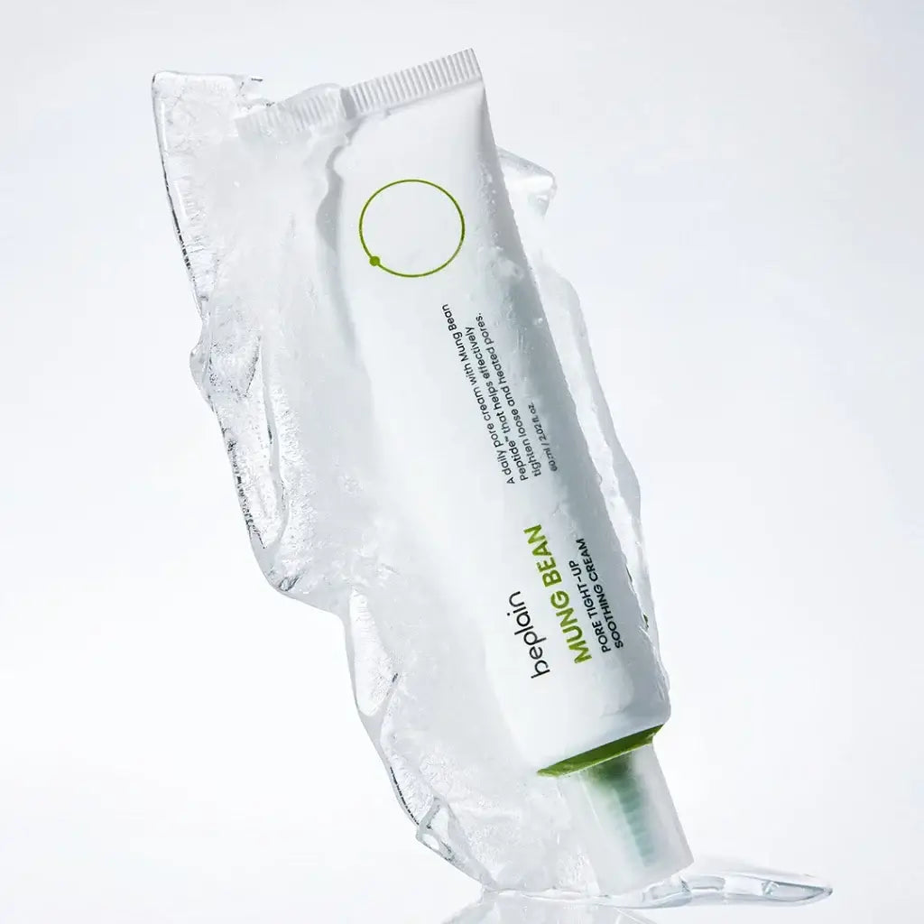 BEPLAIN Green Bean Pore Tightening Cream in ice packaging, highlighting unique cooling effect and pore tightening benefits.
