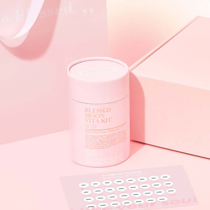 BLESSED MOON Water Kit in pastel pink packaging on a matching background, showcasing elegant design and premium product.