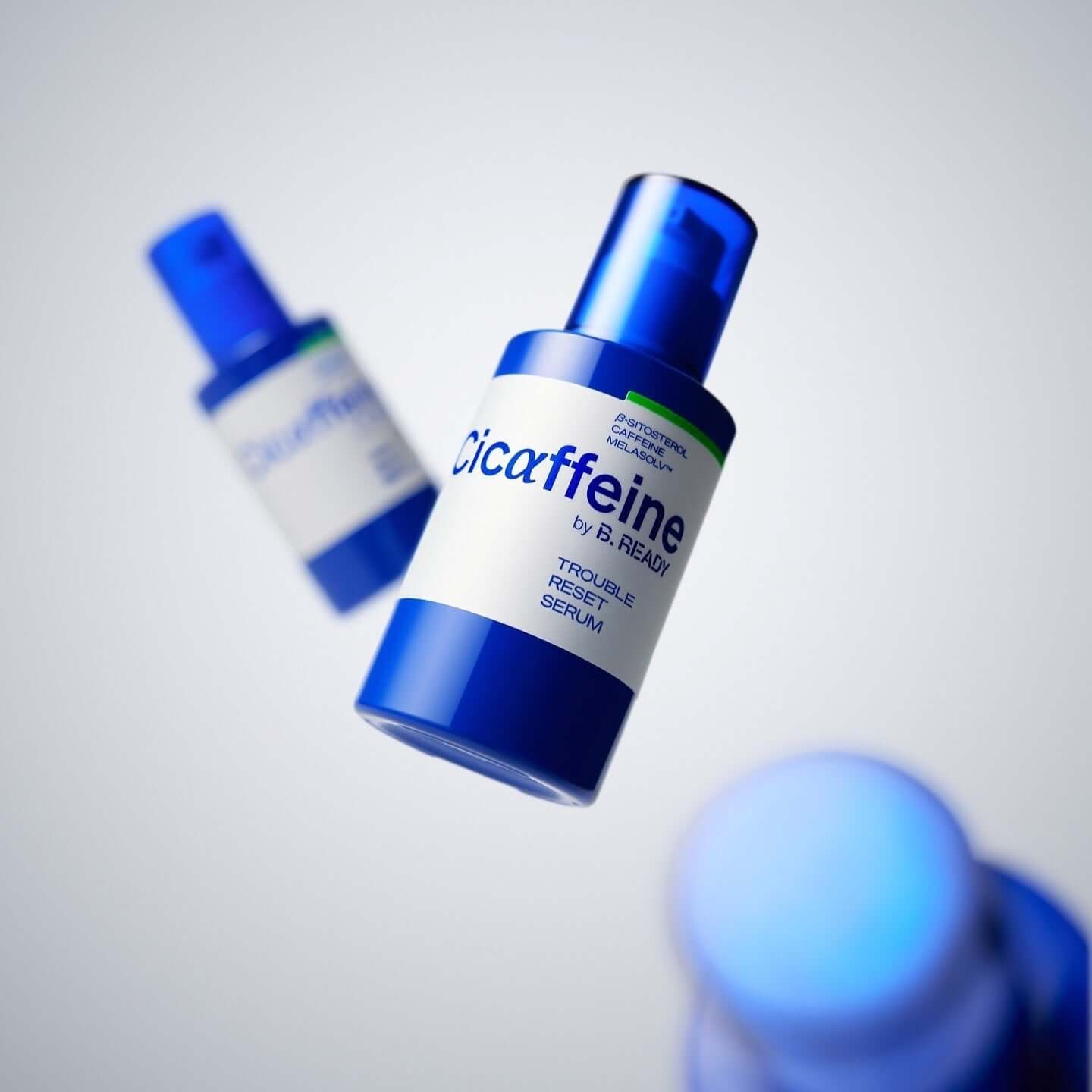 B.READY Cicaffein trouble Reset Serum 40ml bottle on display against a minimalist background