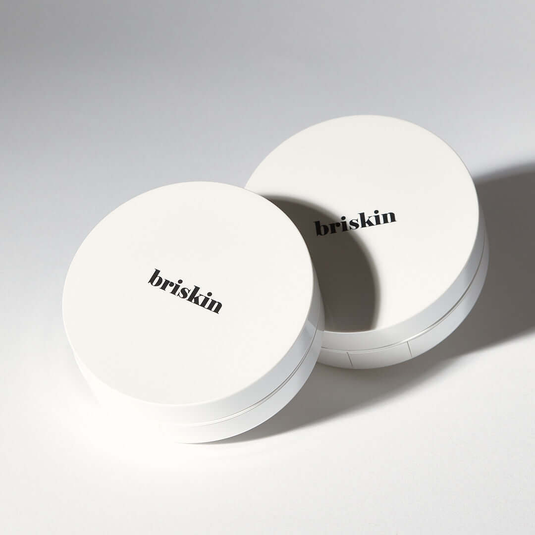 BRISKIN Exo-Glow Secondskin Cushion 15g product packaging, showcasing sleek minimalist design.