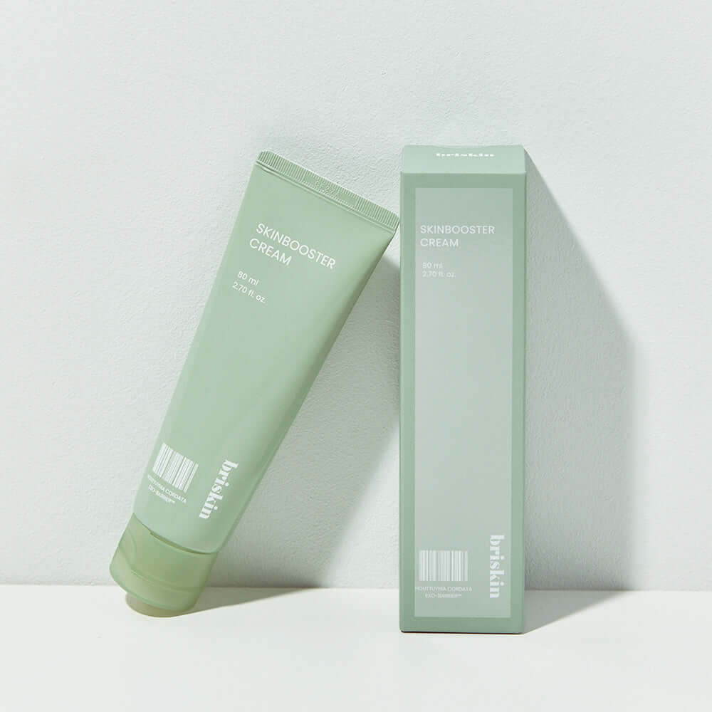 BRISKIN Houttuynia Cordata Exo-Bssrrier Skinbooster Cream 80ml tube and packaging displayed on a light background.