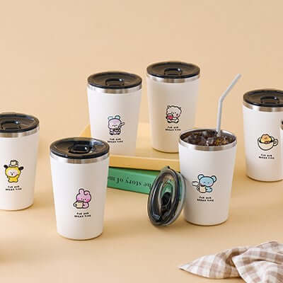 Set of six BT21 Basic Tumblr Cup 473ml with cartoon characters, featuring removable lids and a straw on a beige background.