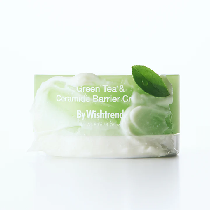 BY WISHTREND Green Tea & Ceramide Barrier Cream 50g displayed with fresh green tea leaves