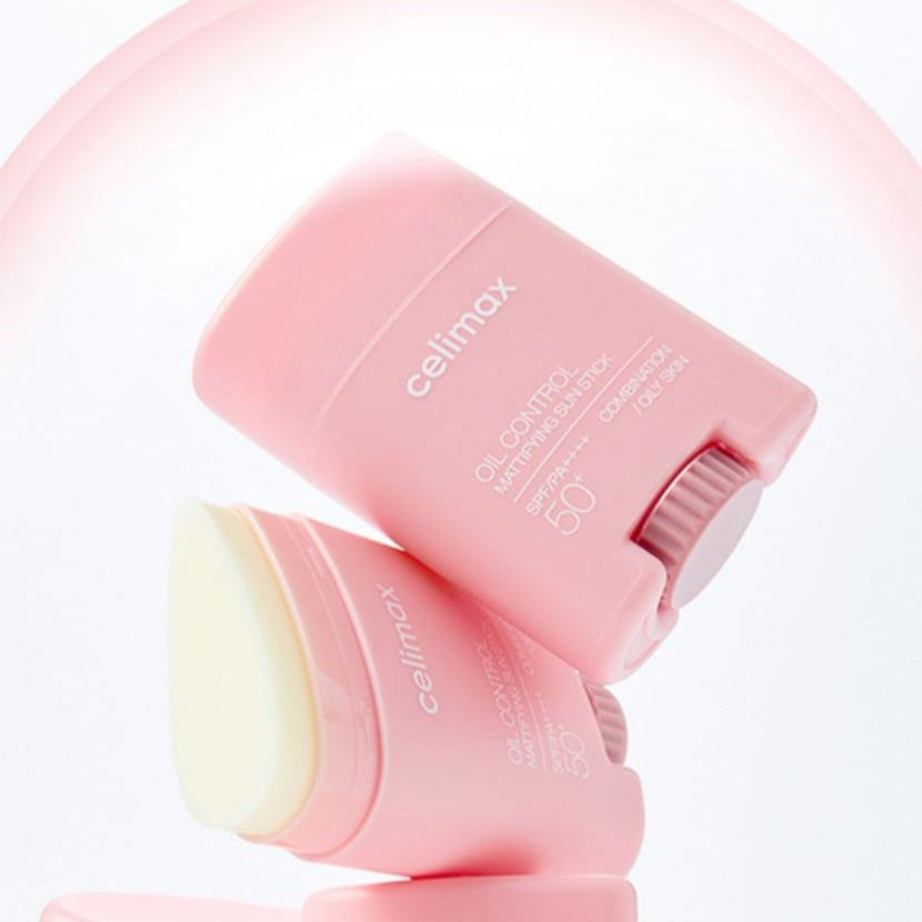 CELIMAX Oil Control Sun Stickk 19g SPF 50+, portable pink sun protection for oily skin, easy application, travel-friendly design.