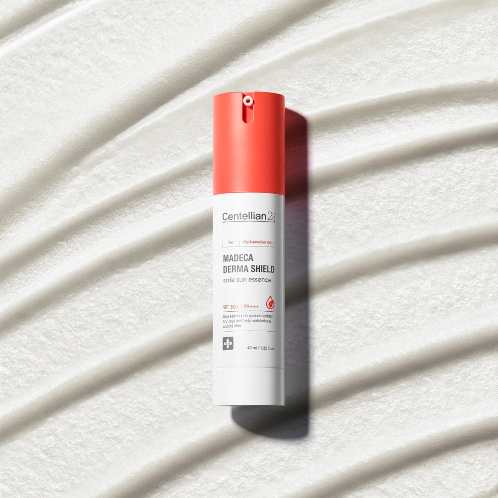 CENTELLIAN 24 Madeca Derma Sheild Safe Sun Essence 40ml on textured white background