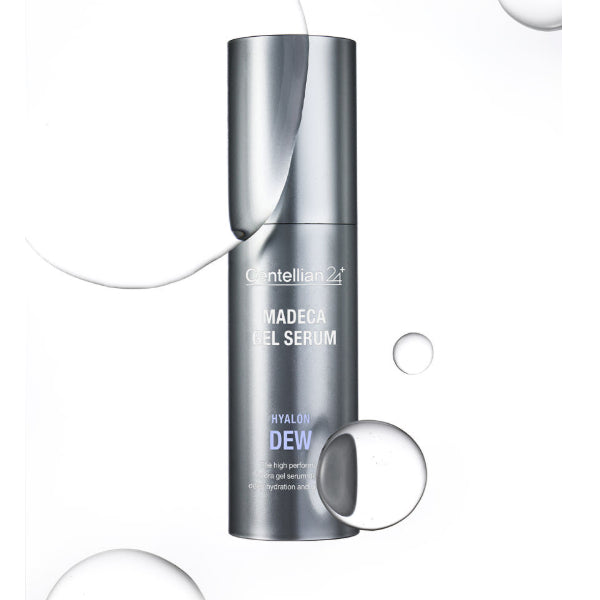 CENTELLIAN 24 Madeca Gel Serum Hyalon Dew 30ml bottle with silver packaging and decorative water droplets.