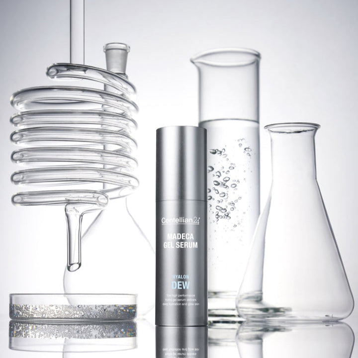 CENTELLIAN 24 Madeca Gel Serum Hyalon Dew 30ml with scientific glassware background