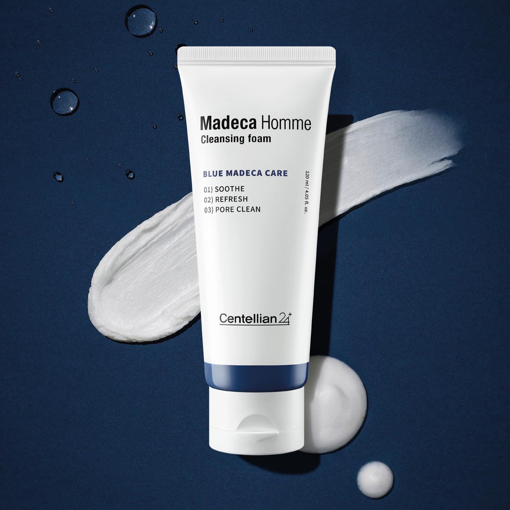 CENTELLIAN 24 Madeca Homme Cleansing Foam 120ml tube on dark background with texture swatch