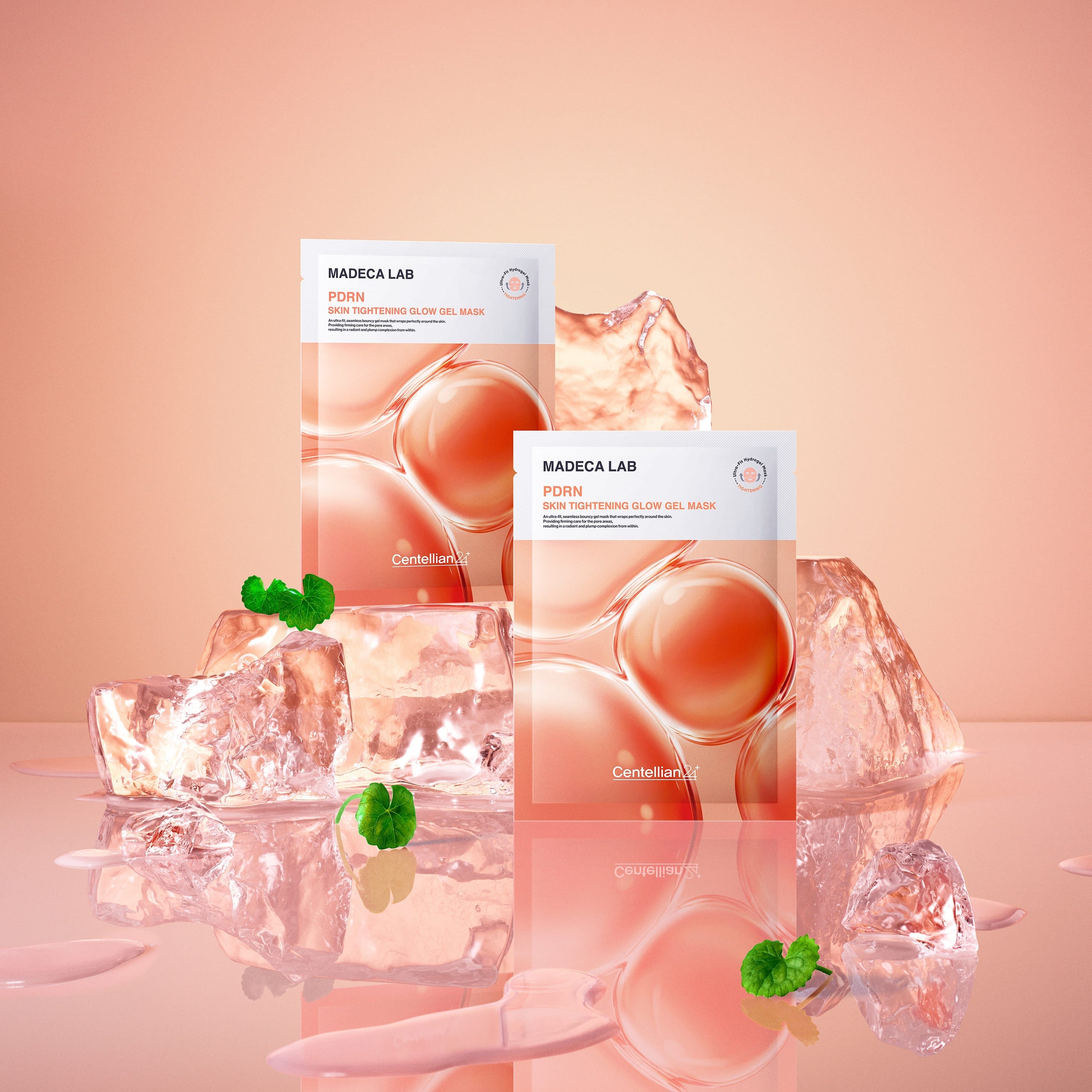 CENTELLIAN 24 Madeca Lab Gel Mask 22ml x 1 sheet displayed with ice and mint leaves in a peach-toned setting