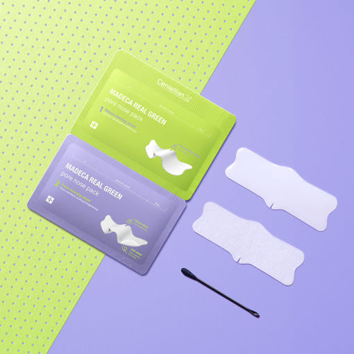 CENTELLIAN 24 Madeca Real Green Pore Nose Pack (5 sheets) displayed against a purple and green textured background.