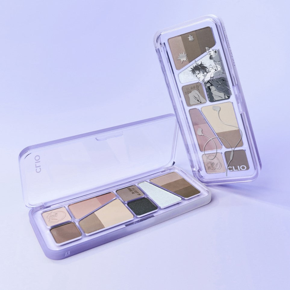 CLIO Pro Eye Palette Air (#01 to #15) featuring a variety of eyeshadow shades in open cases on a plain background.