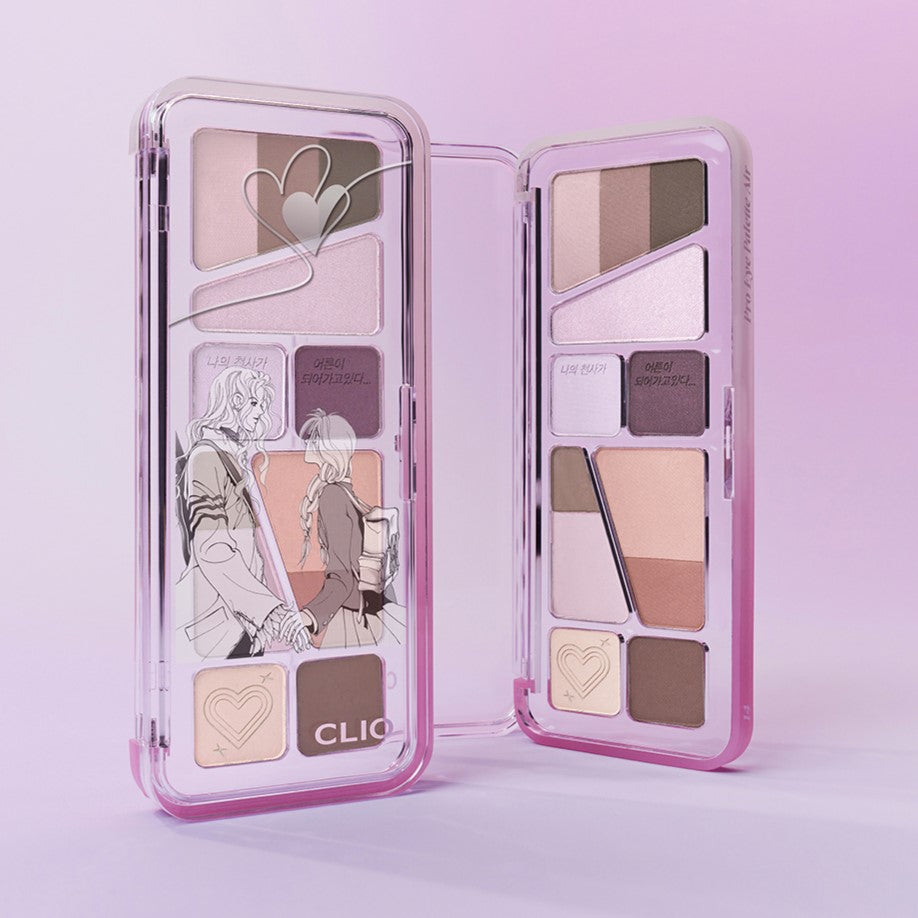 CLIO Pro Eye Palette Air (#01 to #15) featuring a pink themed makeup palette with multiple shades in an open case.