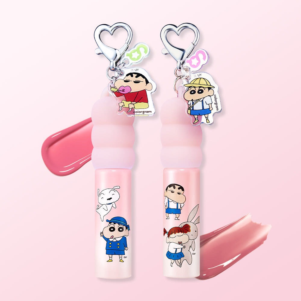 COLORGRAM Tanghulu Tangle Tint Milk 3g on pink background with cute character illustrations and heart-shaped keychains, cosmetic tint.